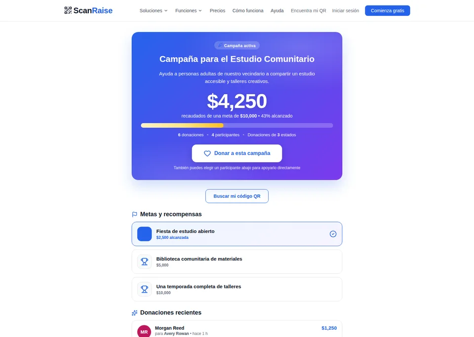 Página de campaña de ScanRaise con la meta de recaudación, las donaciones, el progreso y las metas intermedias.