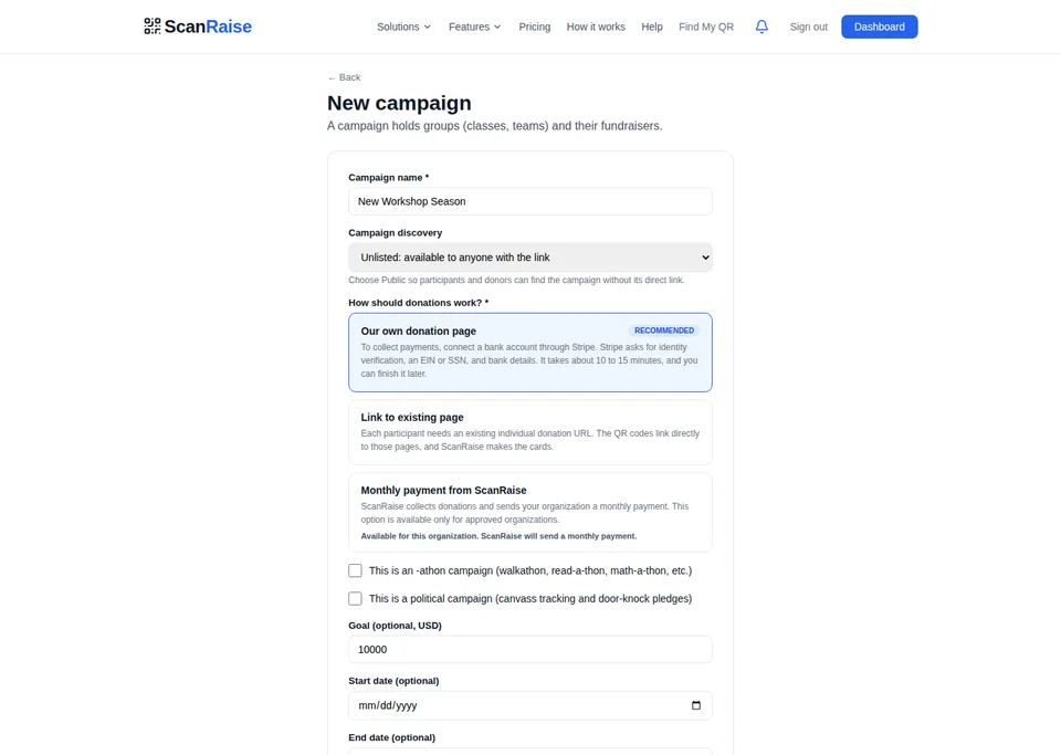 ScanRaise campaign setup form with a sample campaign name and payment options.