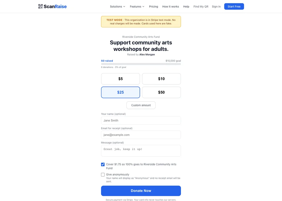 ScanRaise donation page with $25 selected for a fictional adult fundraiser.