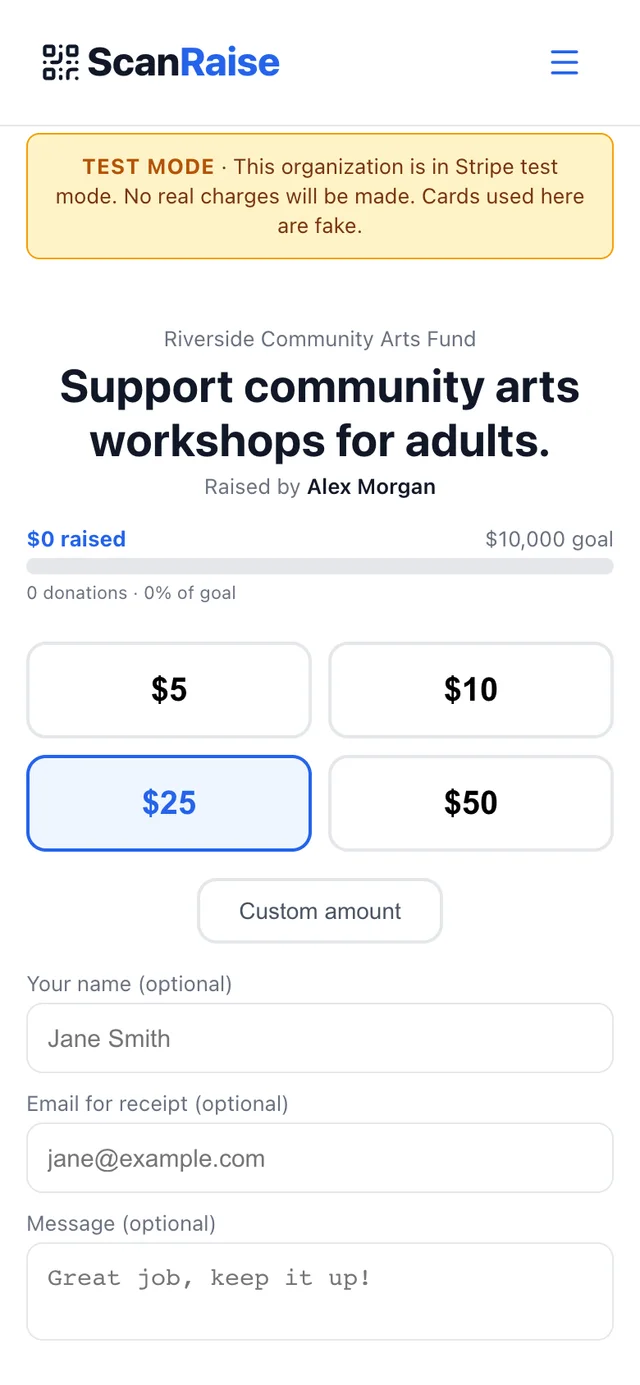 Example ScanRaise donation page with donation amounts and donor details.
