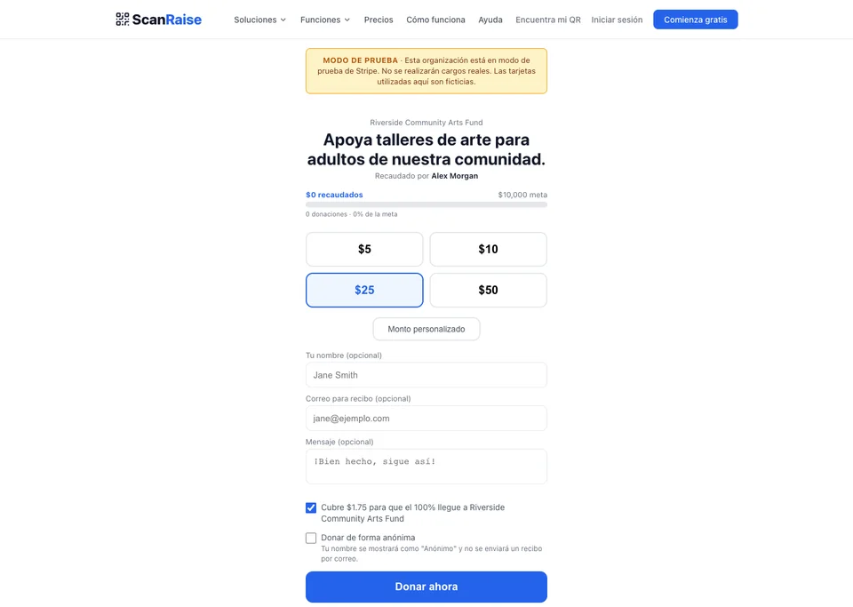 Página de donación de ScanRaise con $25 seleccionado para un recaudador adulto ficticio.