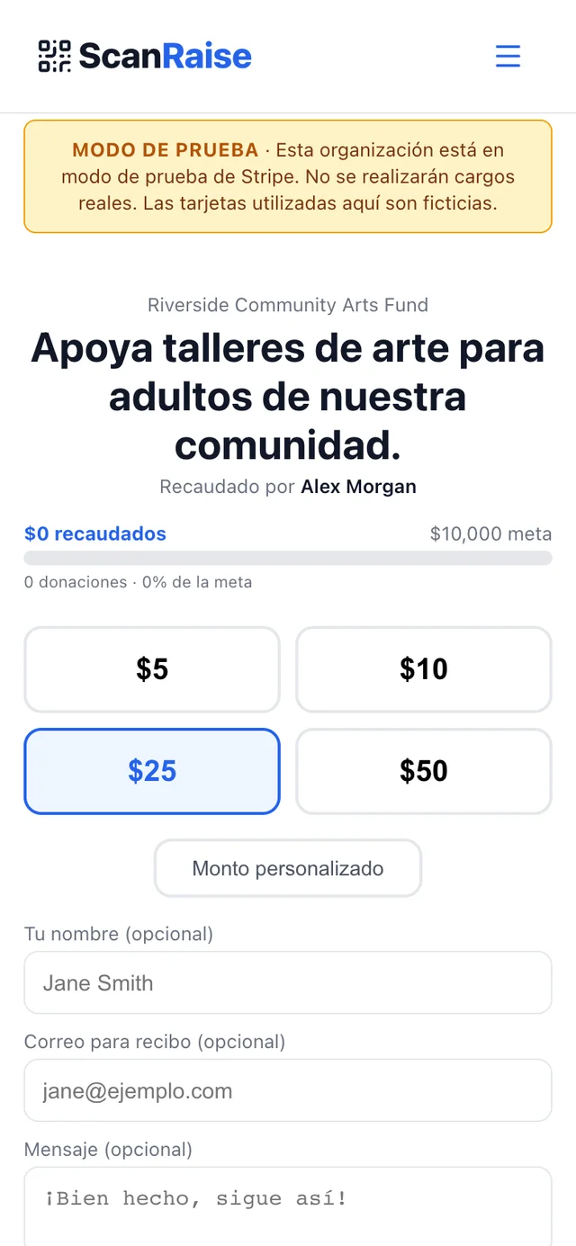 Ejemplo de una página de donación de ScanRaise con montos y datos del donante.