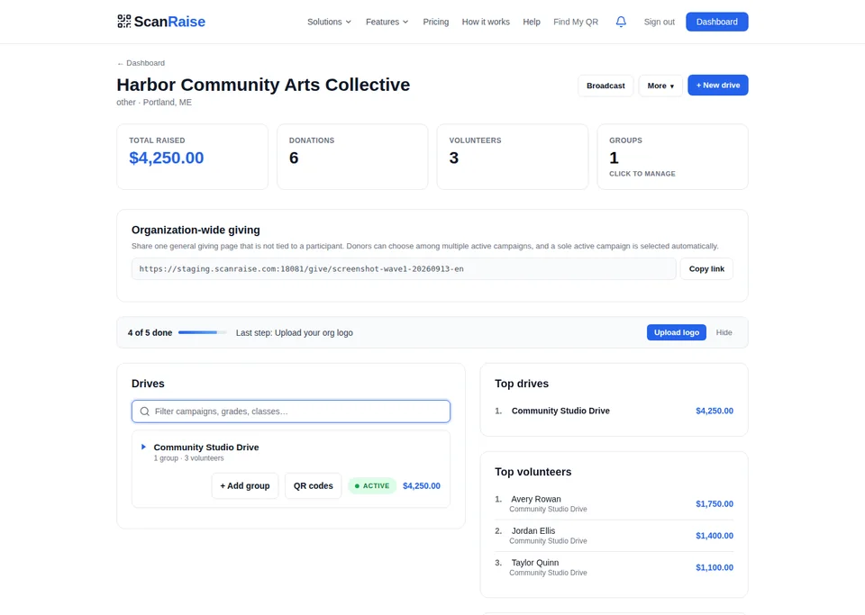 ScanRaise organizer overview showing sample fundraising totals and participant counts.